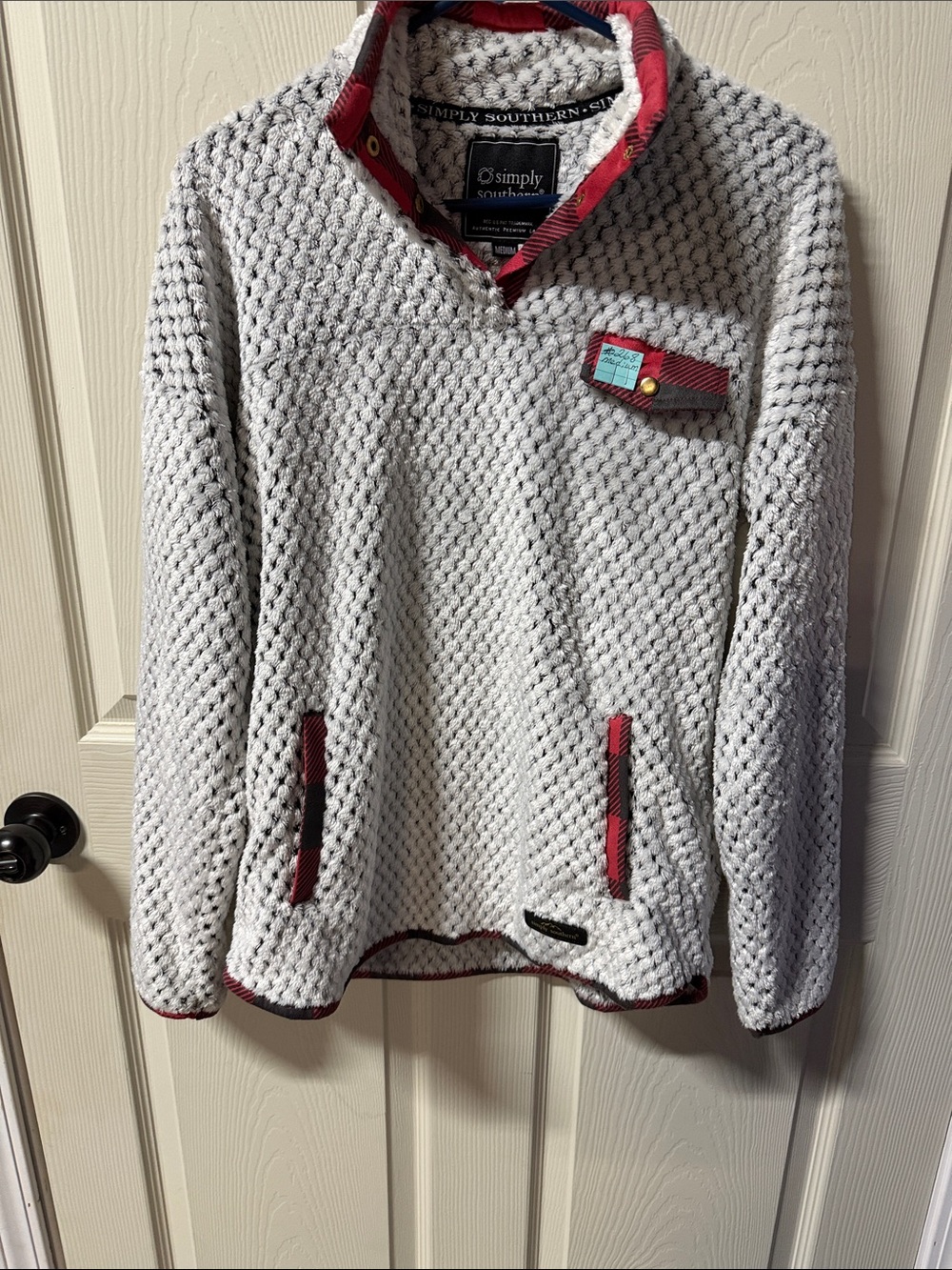 Simply Southern Cream Waffle-Knit V-Neck Sweater with Red Trim